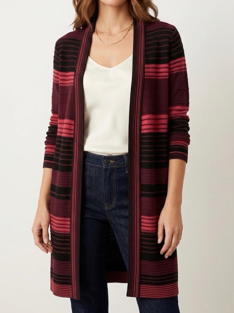 Chico’s Open Front Purple Striped Cardigan Duster Cotton Blend Large